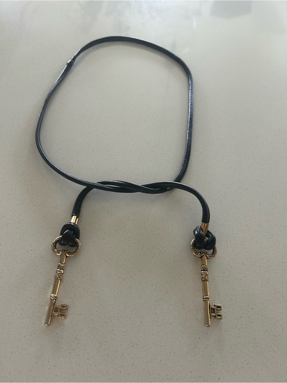 Black Faux Leather Lariat Necklace with Gold Key Charms